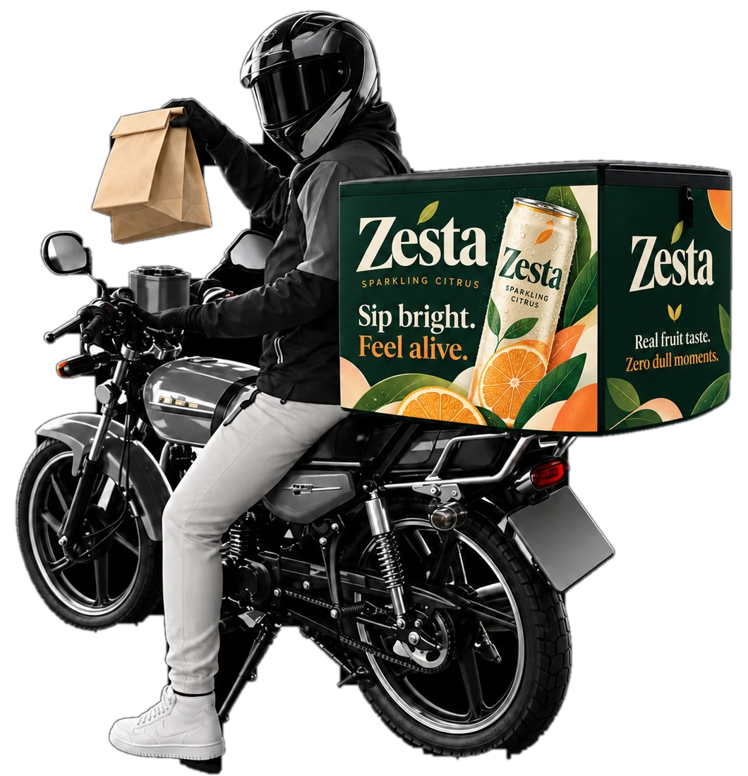 Delivery bike carrying a concept Zesta campaign on its box